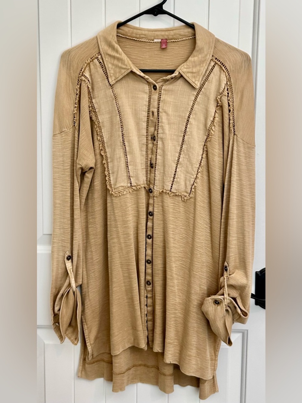 Beige Button-Front Long Sleeve Blouse with Frayed Yoke